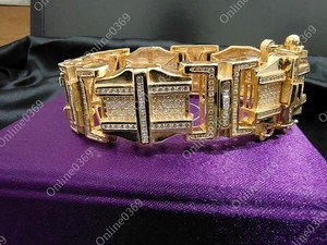 Authentic Yellow Gold Plated mens Very Big Thick Bracelet in 12ct RD Cubic Zirconia Silver