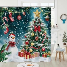 Christmas Snowman Shower Curtain, Xmas Tree Balls Snowy Pine Winter Holiday B...