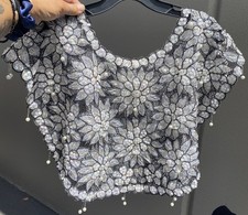 STUNNING VTG Hand Beaded Sparkling Sequin Silver Floral Capelet Shawl Burlesque