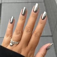 Press on Nails Square Medium Fake Nails Metallic Chrome False Nails Silver