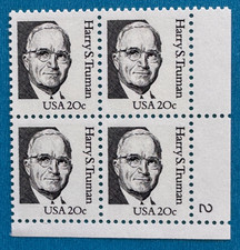 US Stamps Scott 1862 20c 1984 plt blk of Harry S Truman M/NH Dull gum.