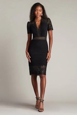 Tadashi Shoji Brone Illusion Lace Pleated Black Fitted Cocktail Dress 4