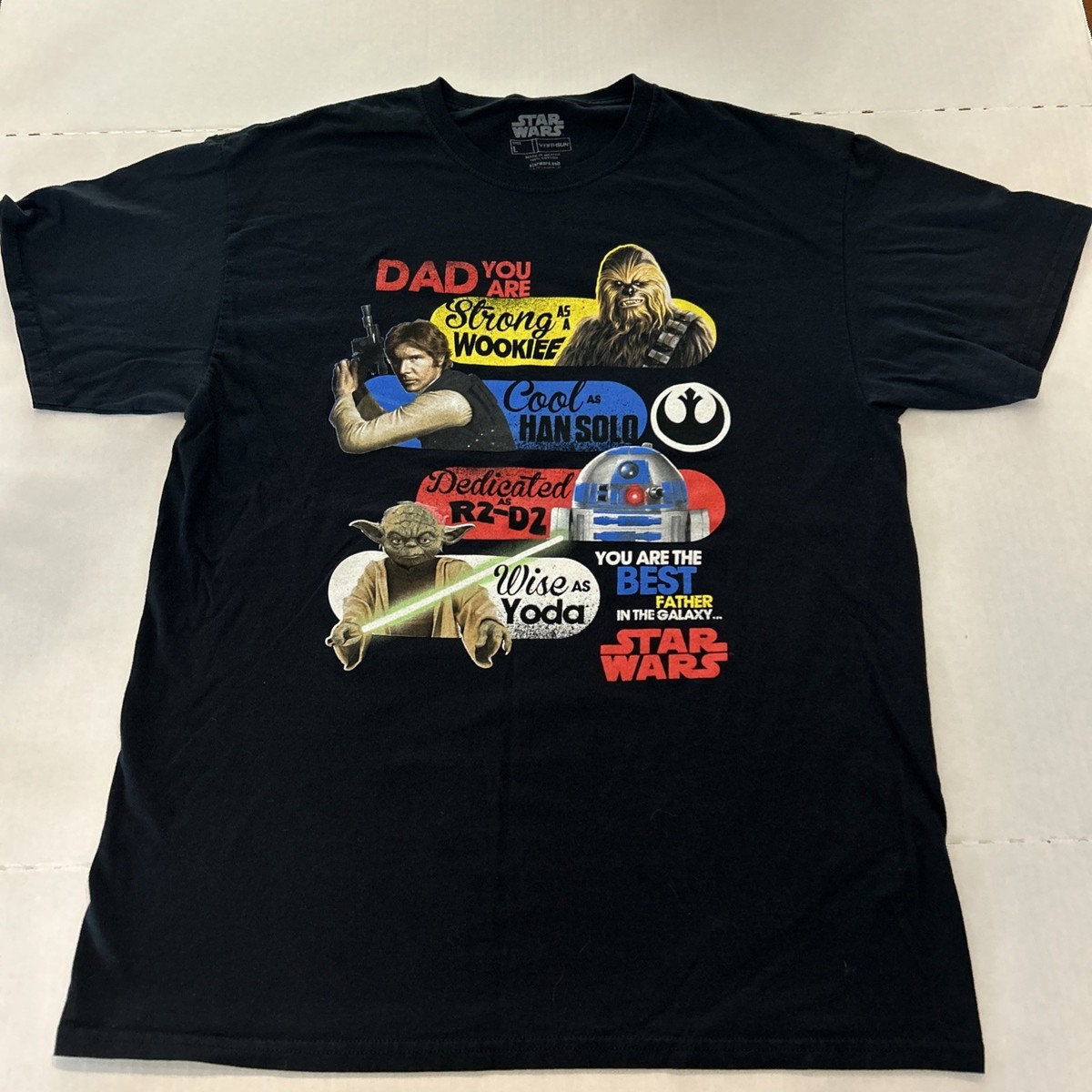 Star Wars Men Size L Black T-Shirt Han Solo Yoda Chewy R2-D2