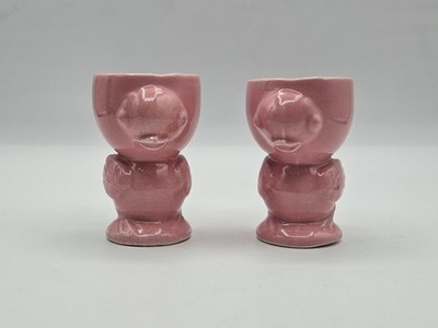 Vintage Pink Glazed Ceramic Egg Cups Set of Two Novelty Kitschy Chick Egg Cups