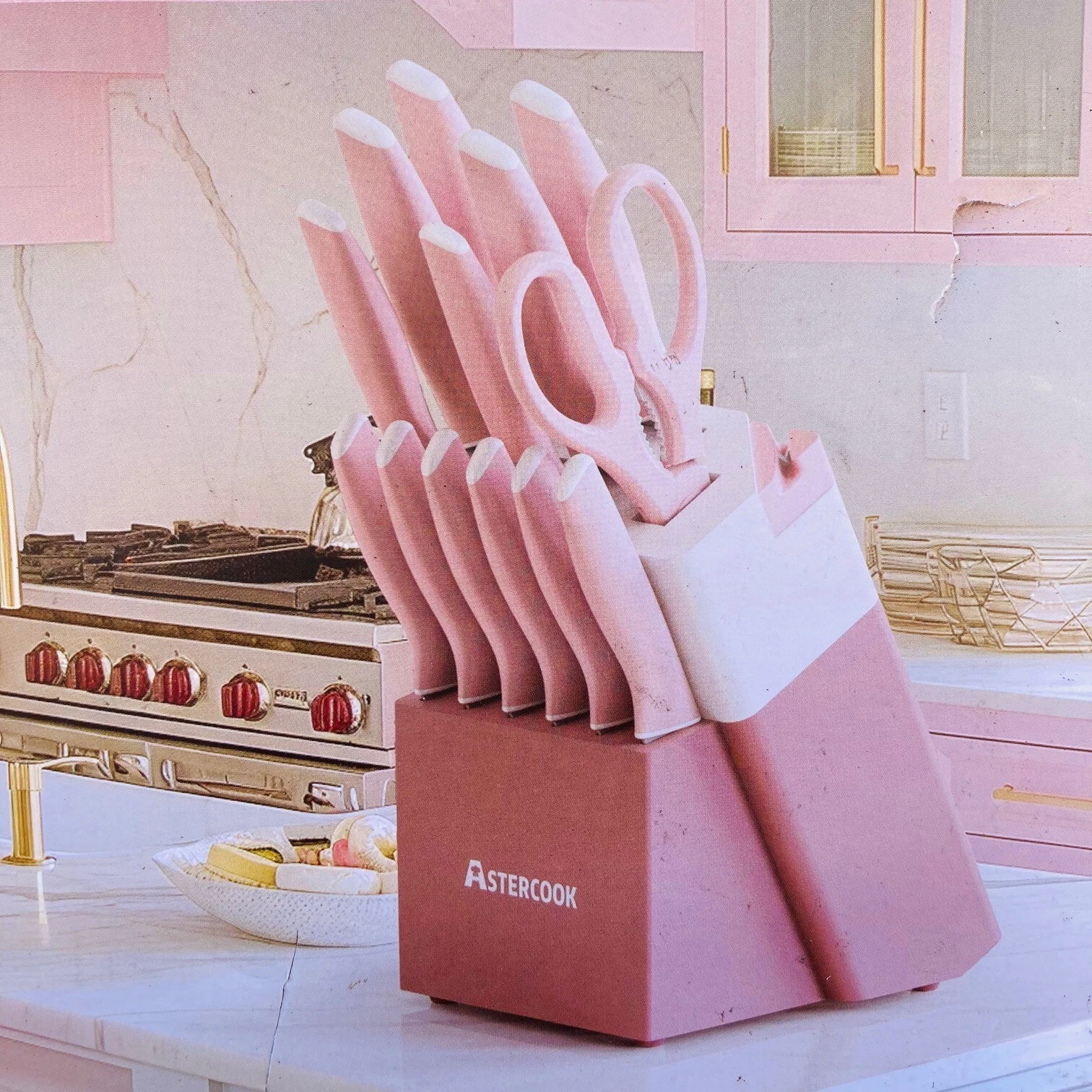 Pink 15 Piece Astercook Knife Set NEW in Box Knives with Block and Sharpener
