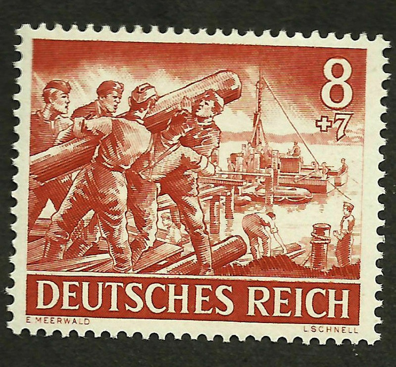 1943 WWII Nazi Germany Troops SS Pioneers Crew Rebuilding Bridge Mint Stamp.