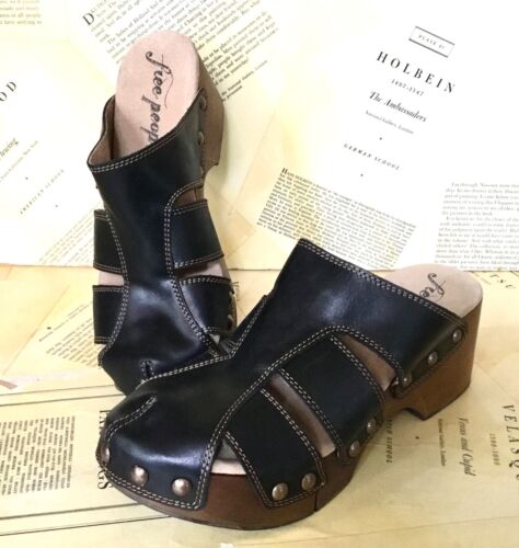 Free People Libra Fisherman Clog Wood Platform Black Leather Cut Out 40 / 10 NEW - Picture 5 of 7