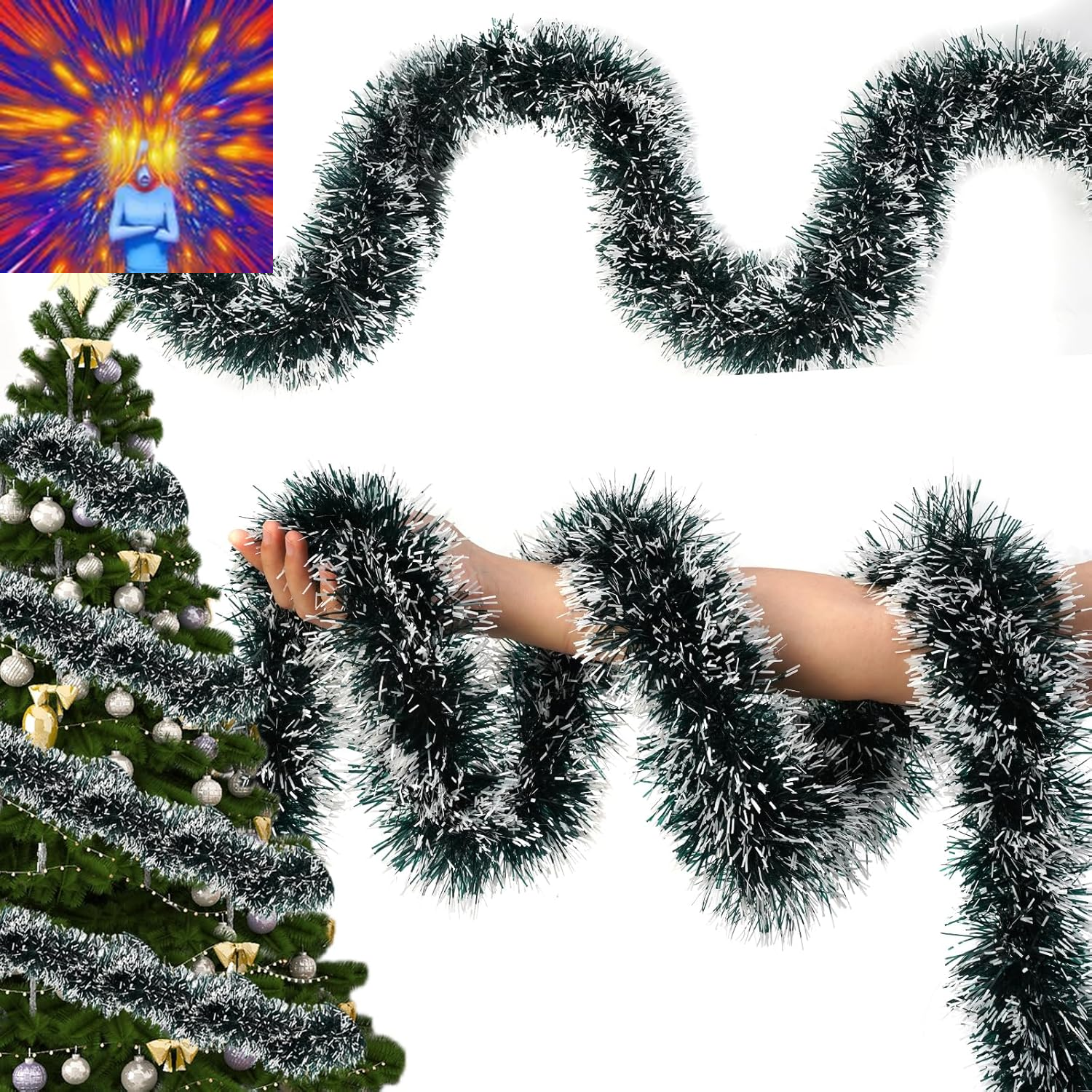 50FT Christmas Tinsel Garland,Colorful/Silvery Shiny Metallic Foil Decorations f