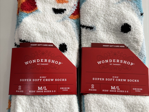 4 Pairs Wondershop Kids Snowman Super Soft Xmas Crew Socks Size M/L (2-5) New - Picture 2 of 4