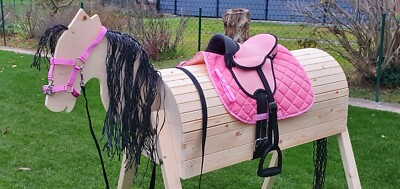 Sattel Pferd Holzpferd Voltigierpferd Mit Mähne & Sattel - Holzpony, Schwarz Gestrichen, Für Kinder Pferd Aus Bronze