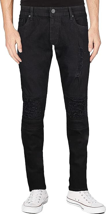 RAW X Мужские обтягивающие застиранные рваные брюки для мотобайкеров с потертостями, черные как смоль, 32W x 30L