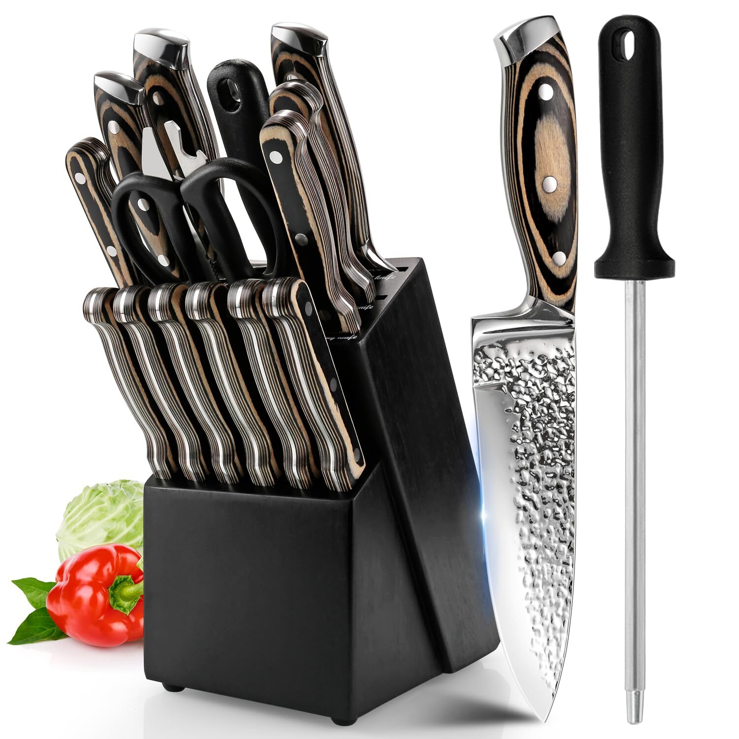 Knife Sets for Kitchen,15-piece Hammered Desgin Knife Set with Block and Shar...-image