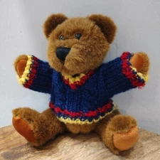 Vtg HugFun Brown Teddy Bear  Blue Knitted Sweater Plushie 2000 Moveable Joints