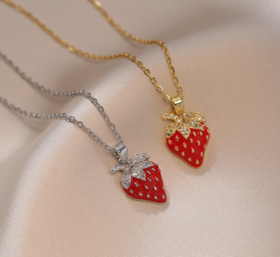 Strawberry Xanada Watch Pendant Red Pave Crystals Gold Tone Gold Chain with Red and Crystal Strawberry Necklace – The  main image 4