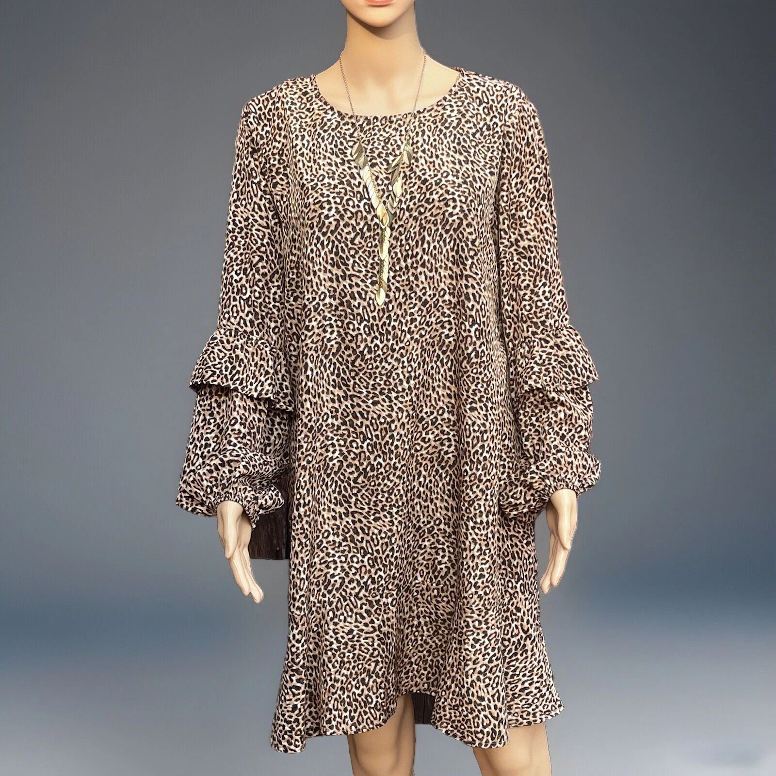 VETEMENTS Abito a tubino Andree By Unit taglia L stampa leopardata maniche a sbuffo a strati con volant trasparente