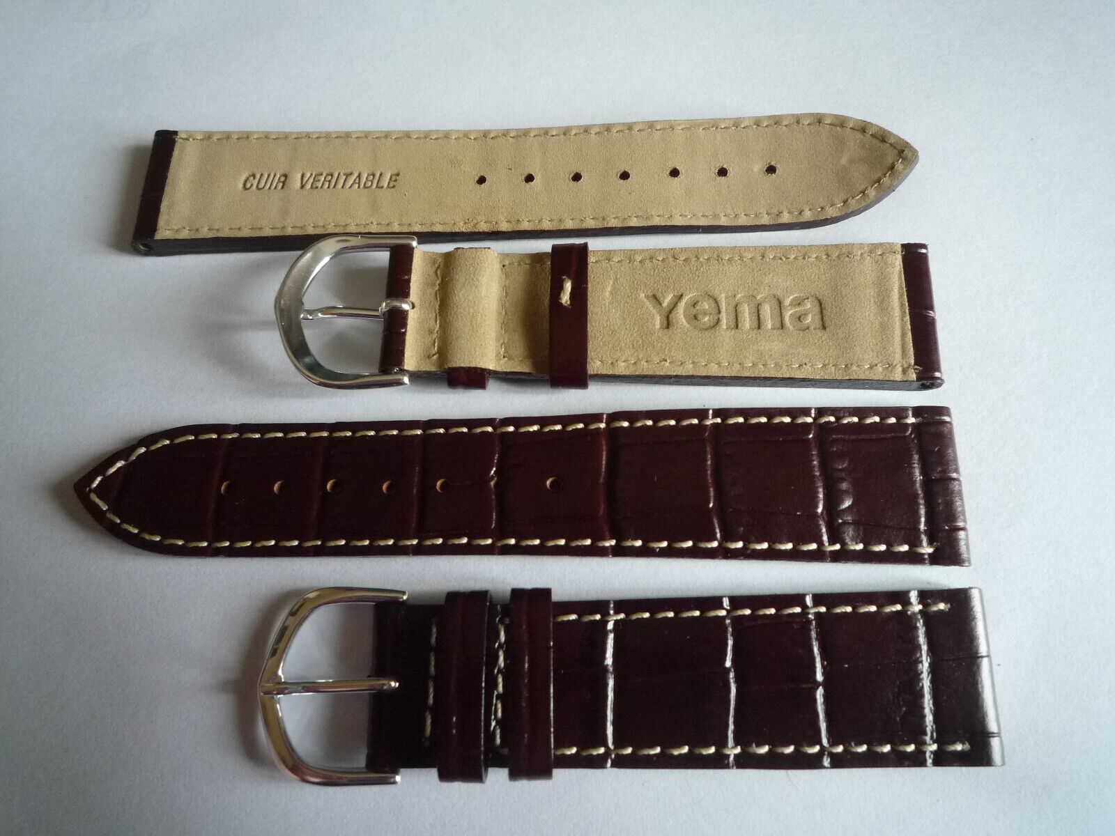 bracelet de montre cuir marron surpiqure blanche boucle chromée YEMA - 20mm