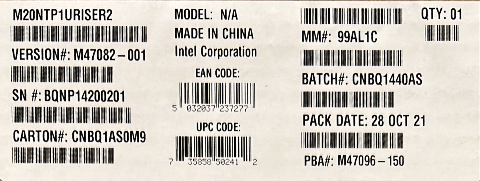 Intel M20NTP1URISER2 1U PCIe Riser x16 PCIe slot NEW- NO BOX BULK ...