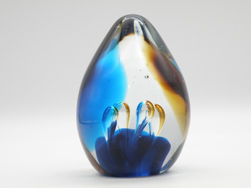 Vtg Art Glass Paperweight 4.5" Egg Shape Controlled Bubbles Cobalt & Brown - Picture 7 of 12