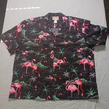 VINTAGE PARADISE FOUND 100% Cotton Casual Shirt Black & Pink Flamingo Men's 2XL