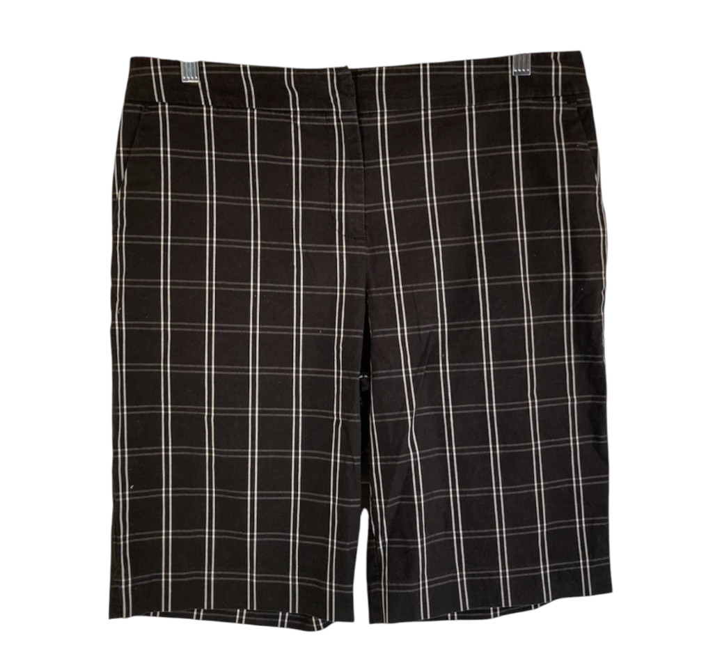 VTG Jones New York STRETCH BERMUDA SHORTS Black w/Gray/White Plaid Grid Lines 14