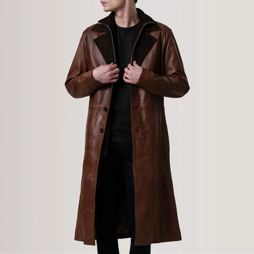 Mens Genuine Leather Trench Coat Long Brown Waxed Vintage Jacket Overcoat Winter image 5