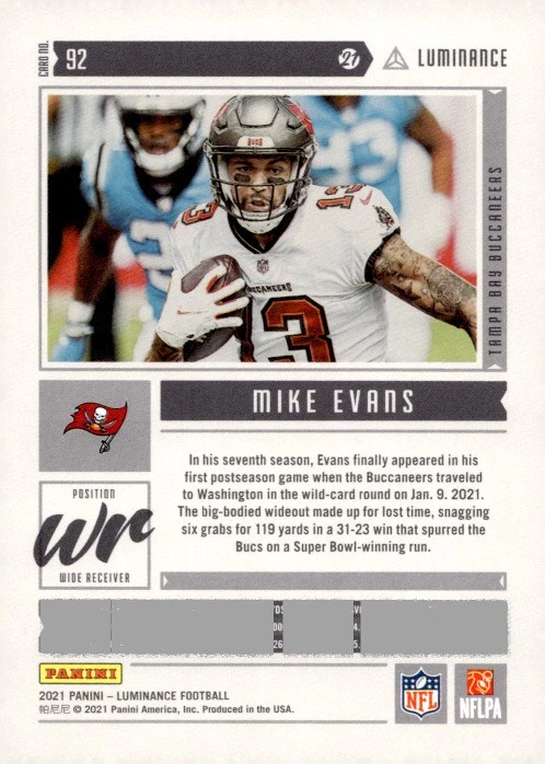 2021 Panini Luminance Mike Evans Green /75 Tampa Bay Buccaneers - Image 2 of 2
