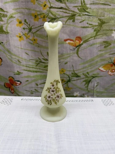 Vintage Fenton Uranium Custard Glass Bud Vase--Hand Painted/Artist Signed