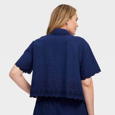 Women's Short Sleeve Scalloped Hem Shirt Navy Blue - Roller Rabbit