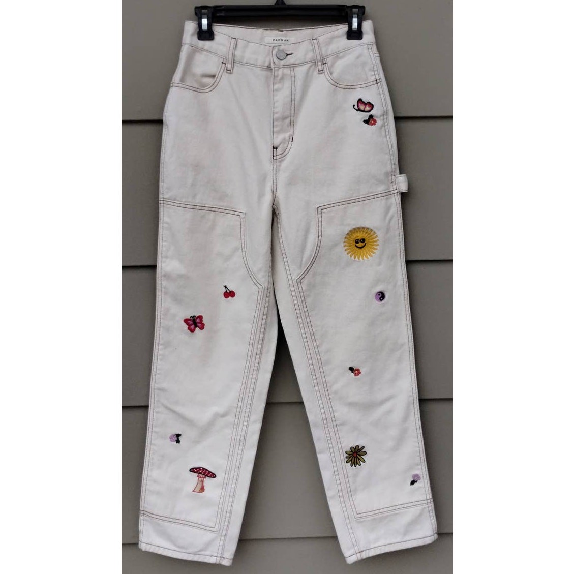 PACSUN Women's High Rise Carpenter Embroidered Off White/Cream Jeans Size 26 (2) thumbnail 18