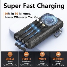 Portable Solar Power Bank, Wireless Charging, USB-A, Type-C, Rugged, Fast Charg
