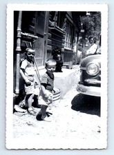 Old Vintage Photo WOMAN BOYS BY CLASSIC CAR OUTSIDE HOUSE ANTIQUE SNAPSHOT