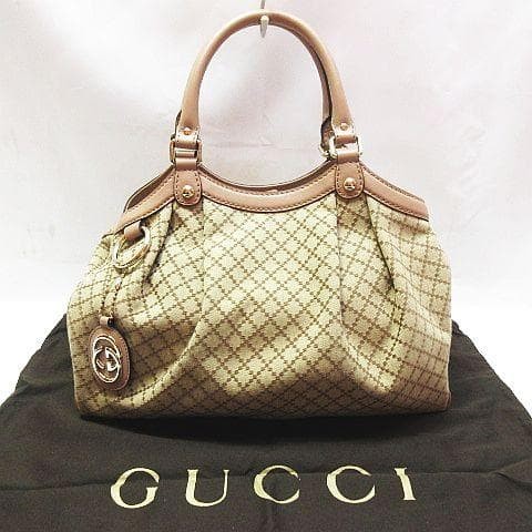 GUCCI Diamente Sookie Tote Bag Canvas Leather Beige Pink Authentic