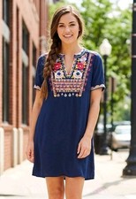 Anthropologie Chelsea & Theodore Womens M Petite Blue Embroidered Rayon Dress