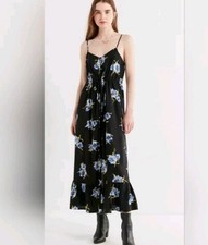 Urban Outfitters Button Down Ruffle Hem Black Blue Floral Midi Dress Size Large