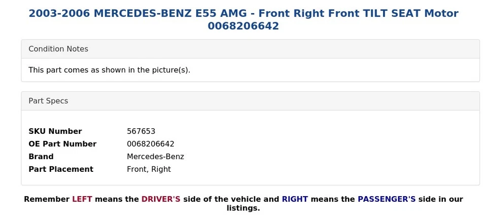 2003-2006 MERCEDES-BENZ E55 AMG - Front Right Front TILT SEAT Motor 0068206642 - Image 4 of 4