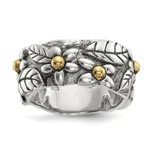 Silver w/14k Antiqued Leaves & Flowers Band QR6597