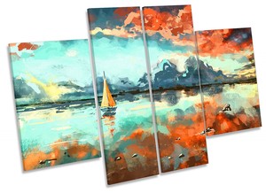 Sail Boat Painting Red Repro Canvas Wall Artwork Four Panel Art Ebay