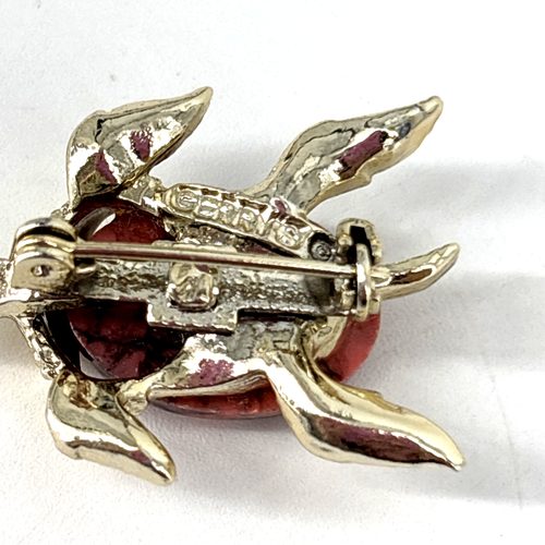 Broche prendedor vintage años 60 Gerry piedra rosa estrás ojos tortuga tono dorado - Imagen 7 de 7