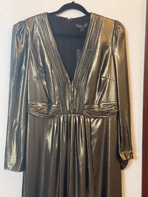Rachel Zoe Rosalee Metallic Gold Lame long-sleeve Maxi Gown - size 14