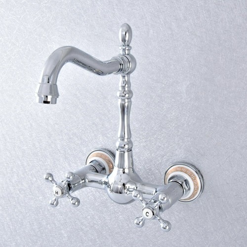 Polished Chrome Bathroom Kitchen Dual Cross Handles Sink Faucet Wall Mount - Bild 3 von 7