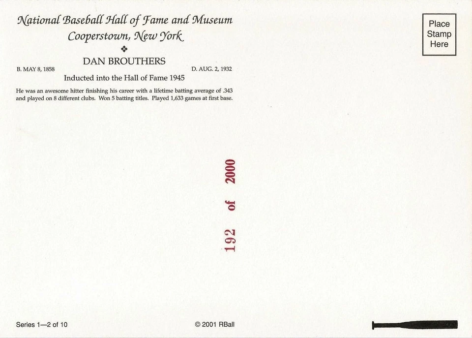 Postal Dan Brouthers Salón de la Fama del Béisbol Cooperstown Detroit Wolverines COMO NUEVO Foto 2 de 2