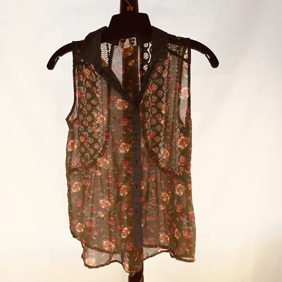 Dream Out Loud Women's S Button Collar Blouse Sleeveless Green Blue Floral EUC