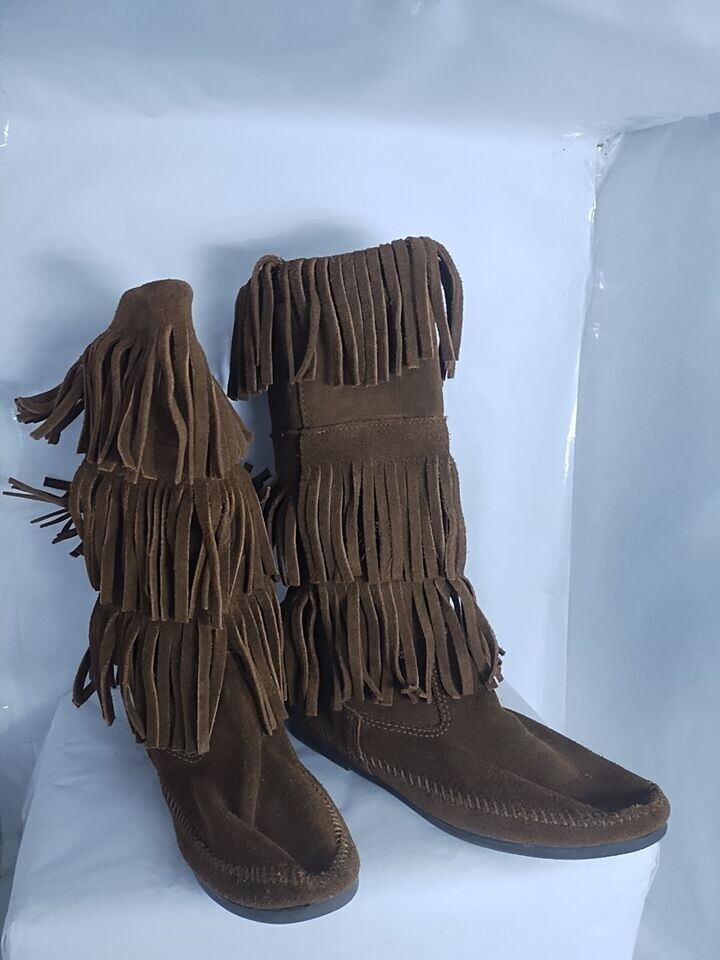 Minnetonka 1638 Calf High 3Layer Fringe Boot N Suede Leather  Moccasin