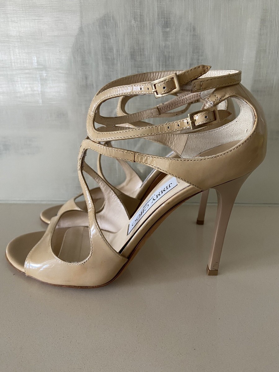 JIMMY CHOO LANG ラング ヒール サンダル パンプス37.5 Jimmy Choo LANG Tan Patent Leather High Heel Sandals Pumps