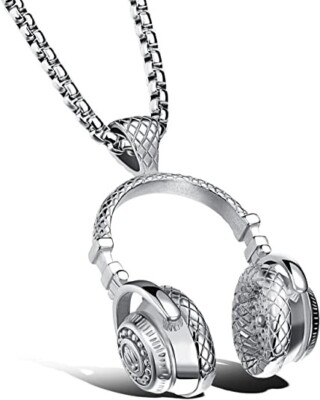 Silver Mens Headphone Necklace - Music Hip Hop DJ Rapper Pendant Jewelry Chain