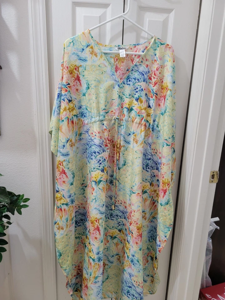 Winlar satinado caftán cachemira floral rojo dorado para mujer talla única Foto 2 de 4