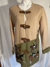 Vtg M Cardigan Sweater Horses Fox Hunting By Eagle Eye- Toggle Closure Wool