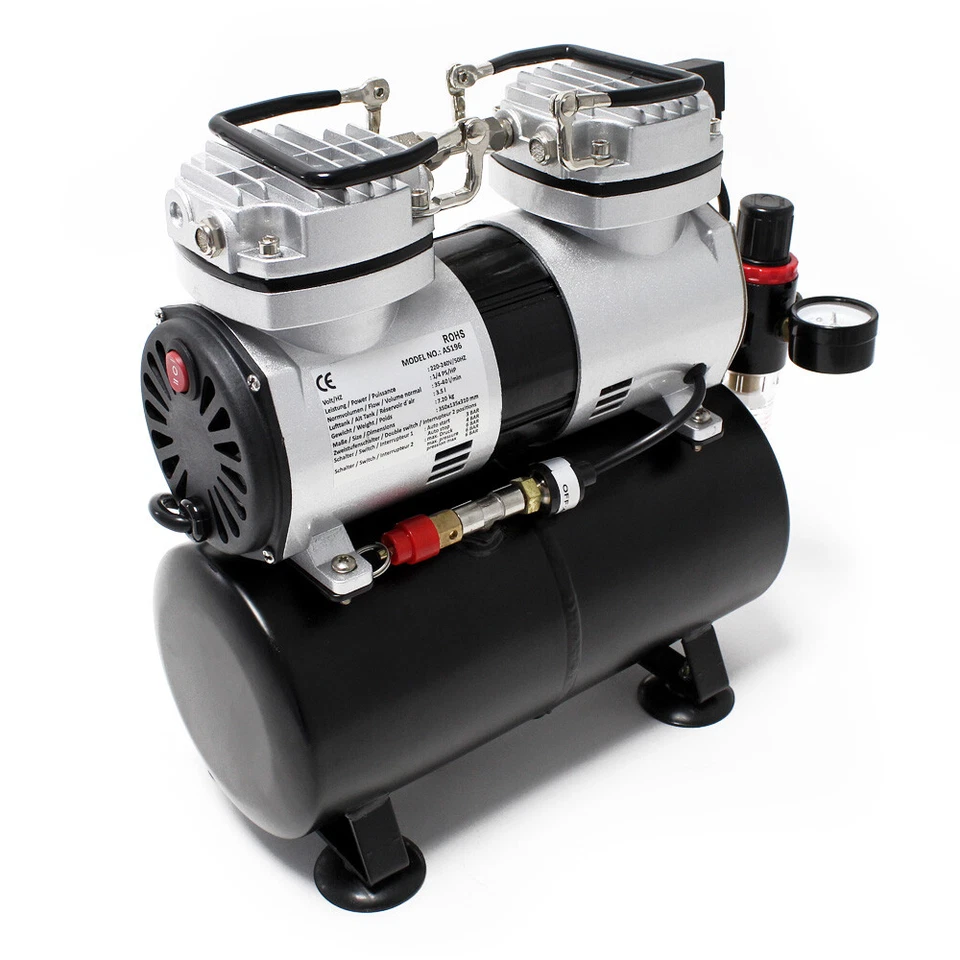 Airbrush Kompressor AS196 Lufttank 2 Zylinder Kolben 6 bar Abschaltautomatik - Bild 3 von 4