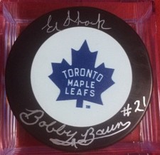 BOBBY BAUN ED SHACK DUAL CUP PUCK TORONTO MAPLE LEAFS SIGNED AUTOGRAPHED 