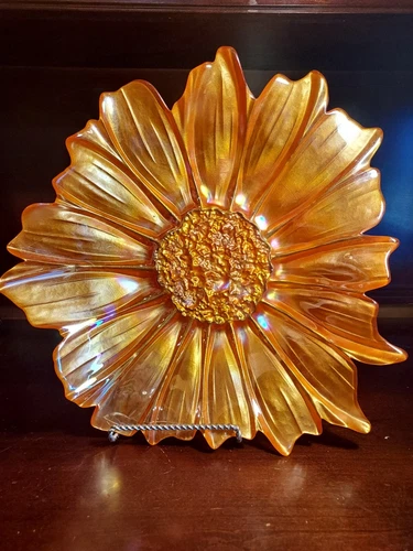Gorgeous! Carnival Glass Decor Bowl 16" Marigold Sunflower Bloom 16 Petals VTG